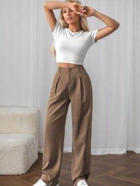 Pleated High-Waist Wide Leg Pants in Brown and White Tshirt